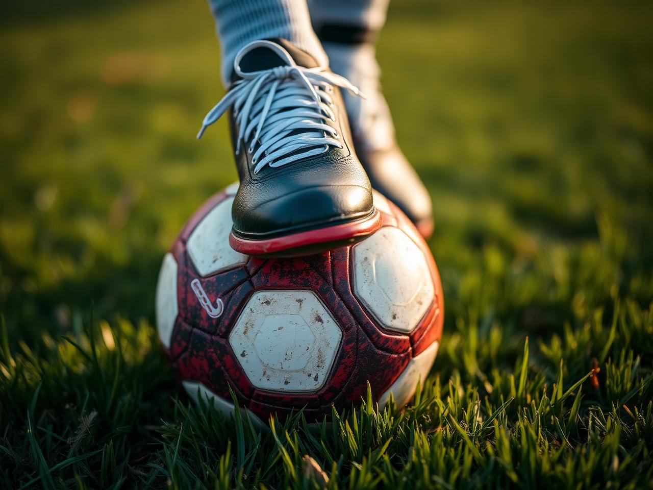 Chuteira apoiada em uma bola de futebol no gramado