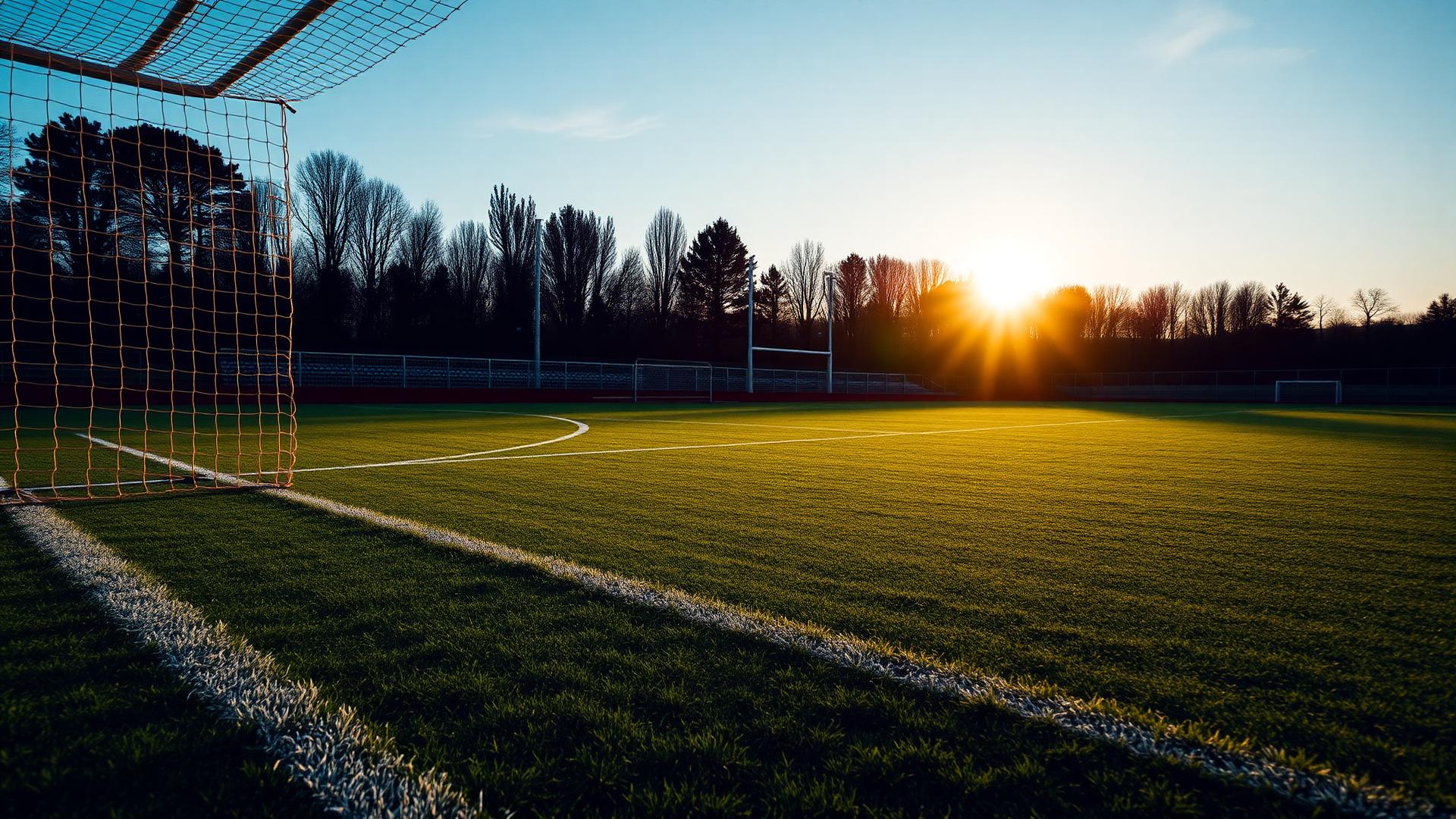 Campo de futebol ao final da tarde, com traves e gramado marcado